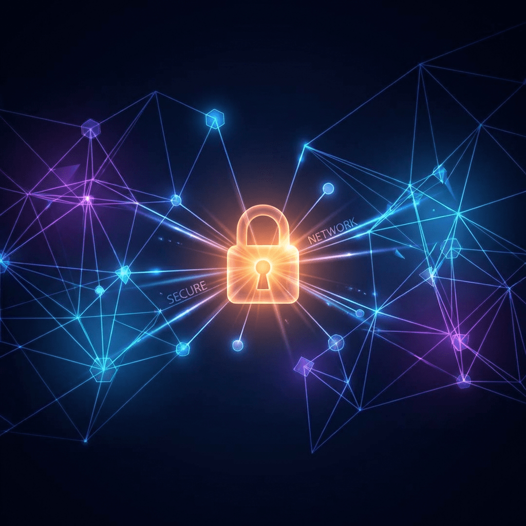 Glowing padlock centered in a complex geometric network labeled SECURE and NETWORK.