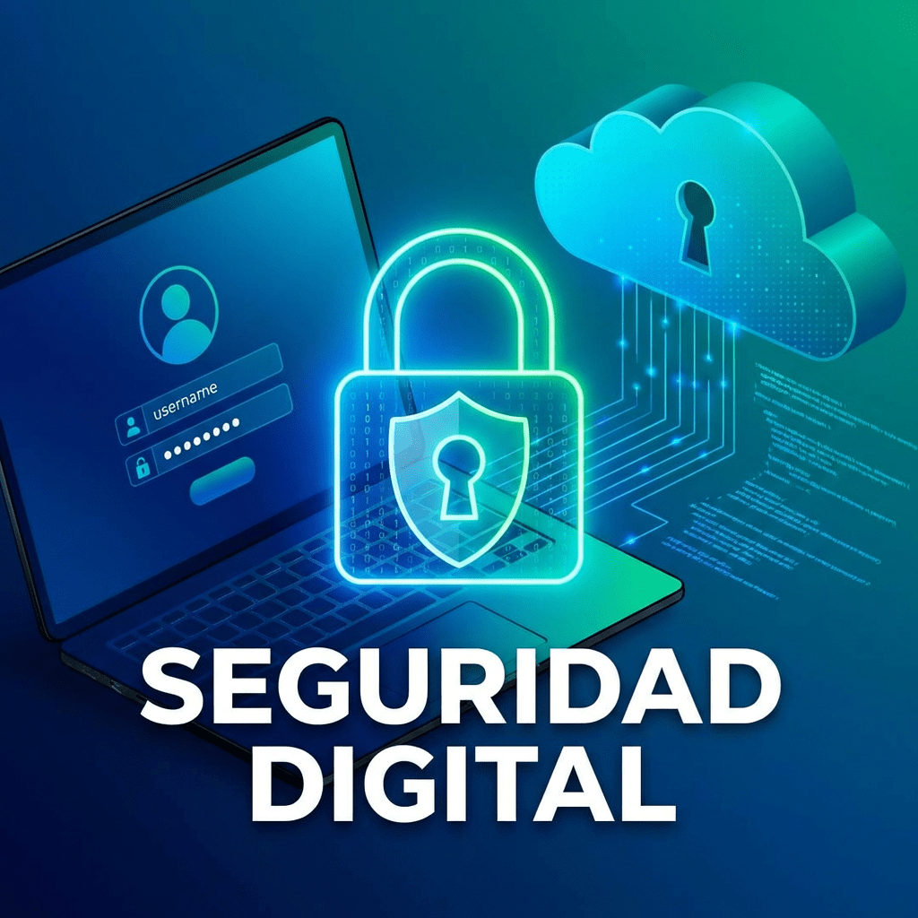 Laptop login screen with username field, padlock, cloud, and text SEGURIDAD DIGITAL.